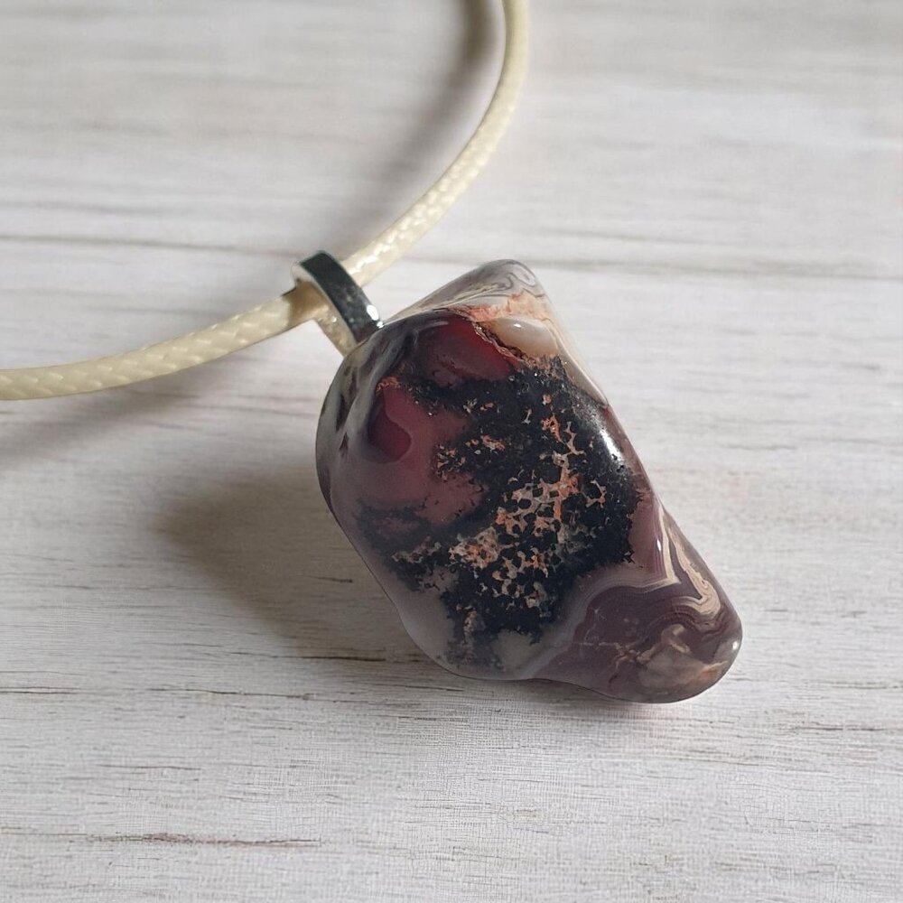 Handcrafted Lace Agate Pendant Necklace Adjustable Leather Cord Lobster Clasp